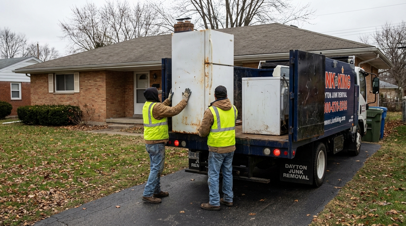 Old refrigerator being removed from a Dayton home