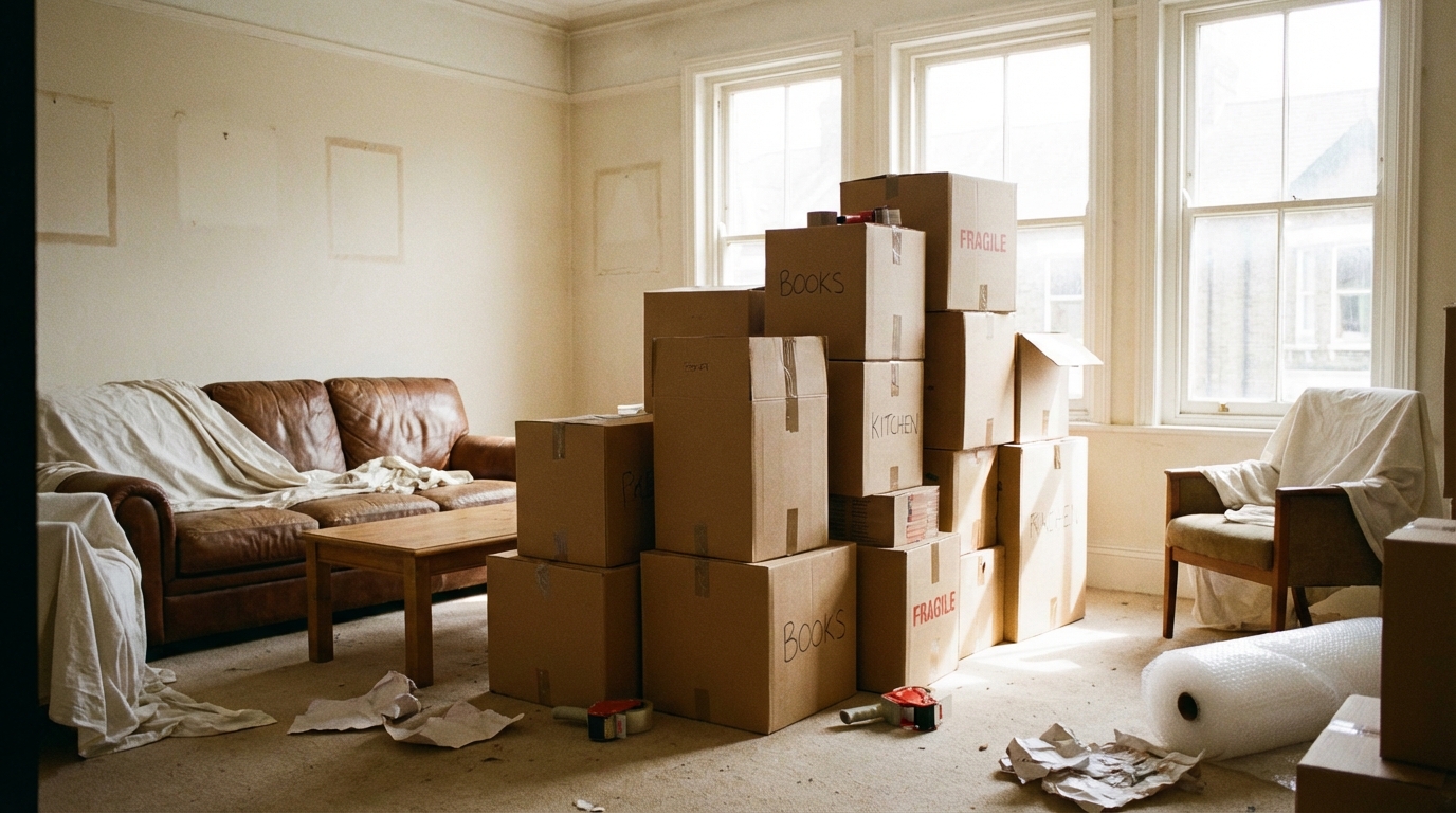 Boxes and furniture being cleared from a home in Dayton Ohio